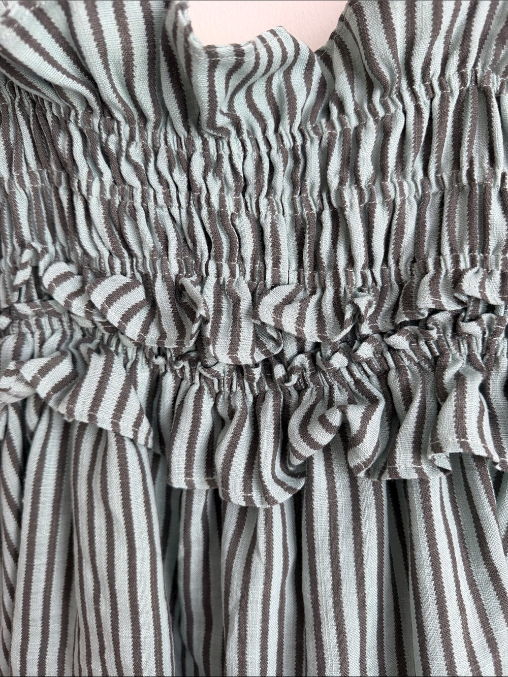 Smocked Ruffle Striped Tank Top - Sage/Teal Green with Charcoal Stripes - Picture 5 of 11